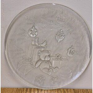 Oval Christmas Glass Platter with Teddy Bear & Gifts Design 13"
